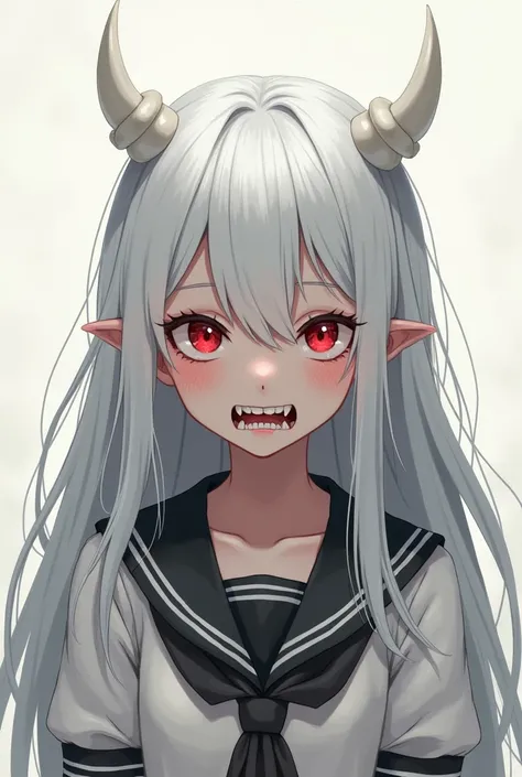 An anime girl with long snow-colored hair and two little white horns, light red eyes and a blush on her cheeks and with fangs on her teeth and white skin with uniform clothes was a demon, she looked rustic and mean as a psychopath. 