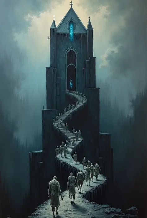 A nightmarish oil painting of a sinuous line of horrifying and disfigured night marchers wriggling and writhing as they walk towards an obsidian keep-tower (with a pointed top) in a sunless day with grey clouds; a narrow spiral staircase winds on the exter...