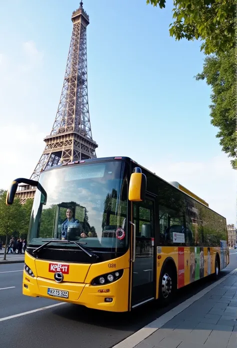 Kopereck G8 tourism bus in front of the Eiffel Tower in Paris