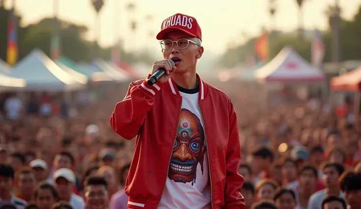 Create a realistic, wide-angle, full-body image of the back of a handsome Thai+Korean rapper performing live at an outdoor music festival. Action singing with his rap group He is the central focal point. in sharp focus Meanwhile, the crowd in the backgroun...