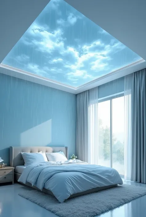 A dreamy bedroom with a ceiling designed to look like a rainy sky, featuring glowing soft clouds and subtle rain droplets projected. The decor is light blue and white, with fluffy rugs and bedding that feels like floating on clouds. The large window shows ...