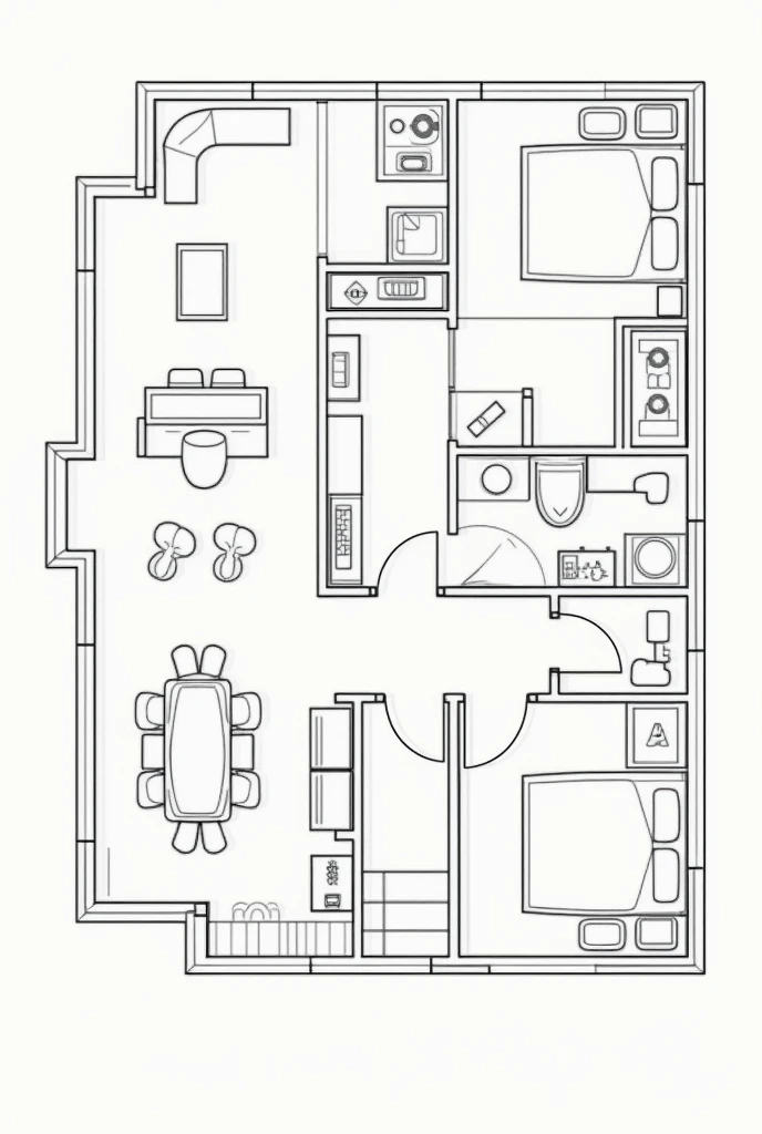 Create a floor plan of 2 bedrooms and 2 bathrooms and kitchen

