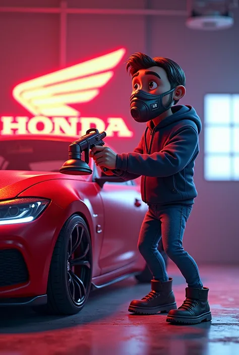 create an image for me, Animated character man with automatic spray gun and altomotive paint mask, And in the background of the image written Honda 
