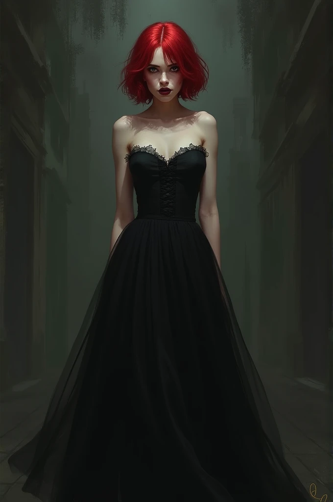 Make a Gothic , with short blood-red hair , with a black dress,  black lipstick with a serious expression