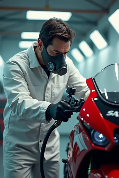 create an image for me,  animated character man with automatic spray gun and altomotive paint mask, Painting a Honda motorcycle , With the white clothes
