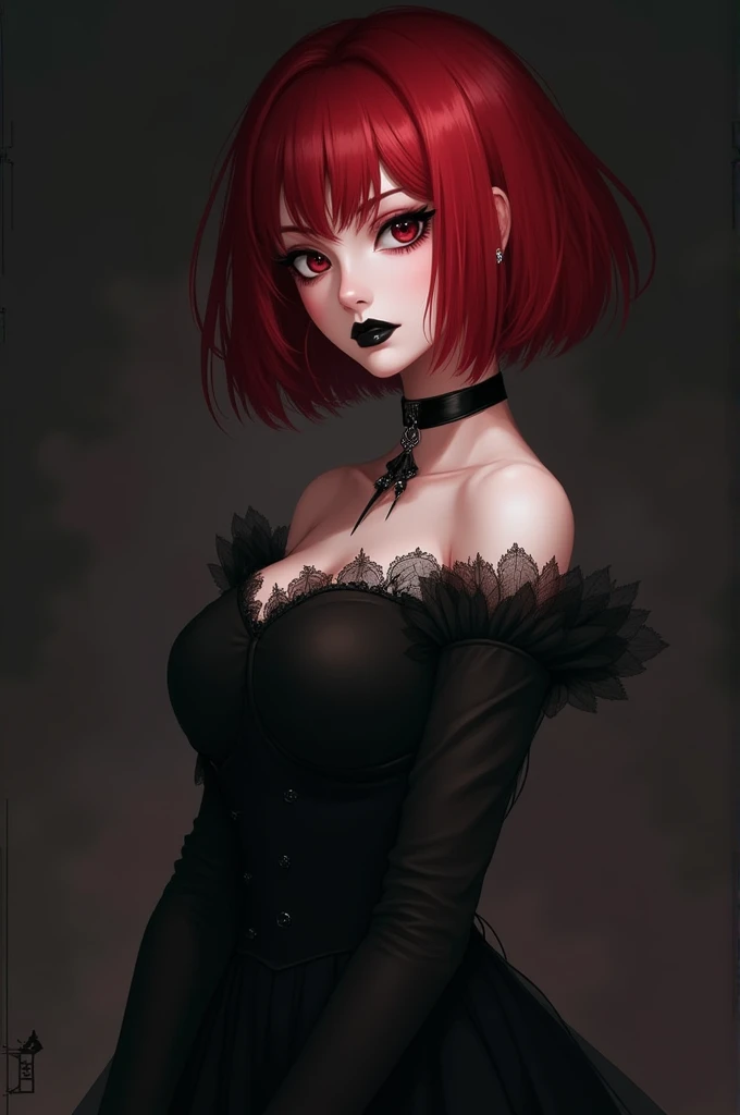 Make a realistic anime gothic, with short blood-red hair , with a black dress,  black lipstick with a serious expression, of the best quality 