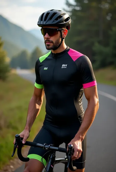 Black cycling jersey with Black shorts with White Word BH bikes, fuschia pink And fresh green pattern on shoulders
