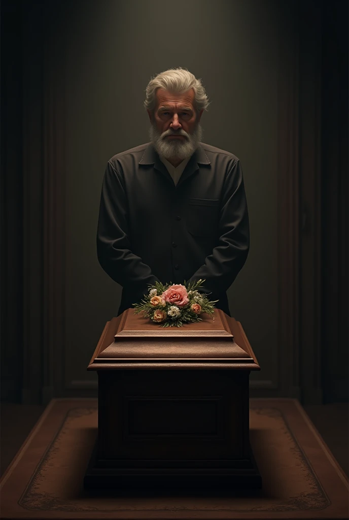 A sad man standing in front of a coffin