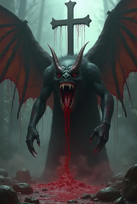 a large creature with butterfly-like wings and large, sharp fangs with blood all over it, stabbed in the head by a cross 