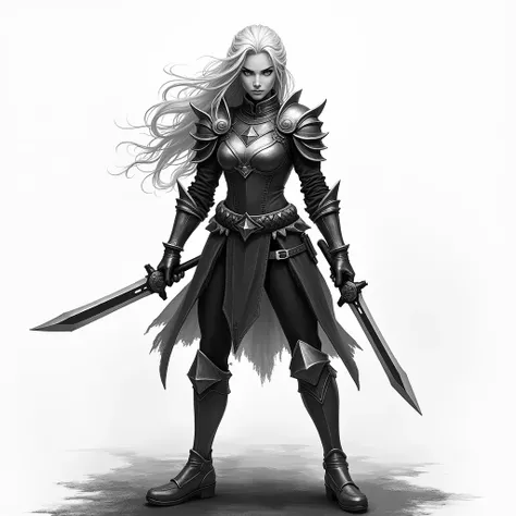  female 18-year-old Albä warrior,  in light armor with daggers . In a black and white template 