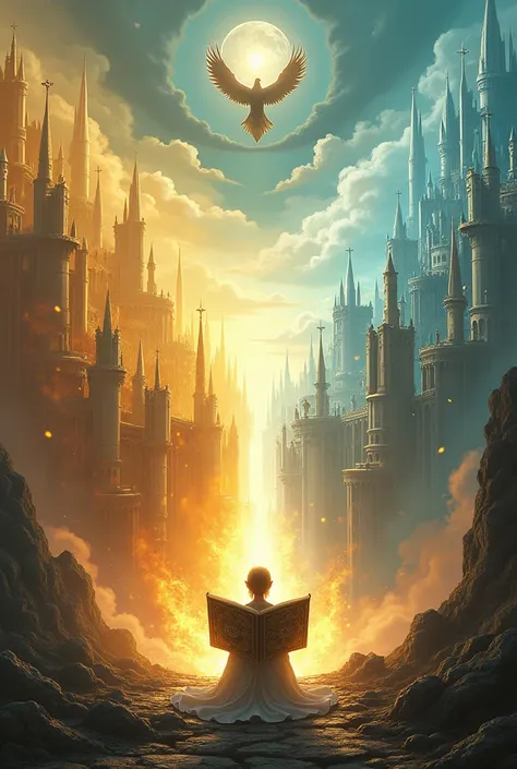 two worlds  :  powerful forces and a single angel reading a big magic book {x} the first is very yellow is bright containing powerful weapons,  warriors .  It is located above the second .  The second is very white ,  containing castles and powerful weapon...