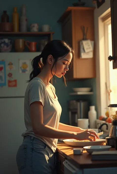 single mother, tired, breakfast, cluttered kitchen, hopeful