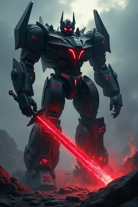 A scary black transformer with red lines with a red sword