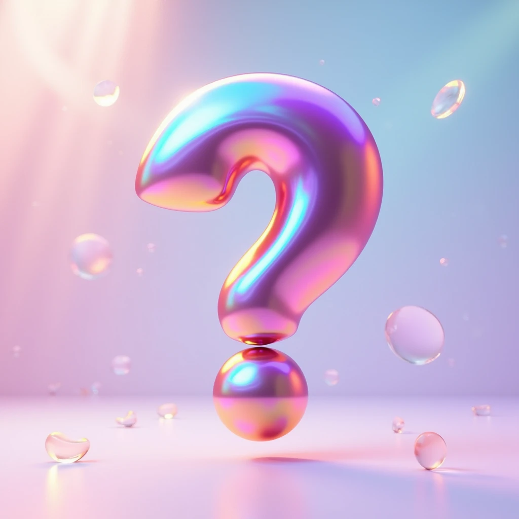 "A vibrant, 3D question mark floating in an abstract space. The question mark is made of smooth, glossy material, reflecting light with a rainbow of colors that gradually shift across its surface. Each curve and edge of the symbol is perfectly defined, and...