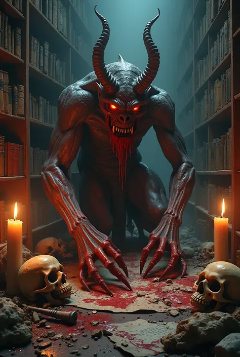 demon eating bodies, surrounded by books, candles and skulls