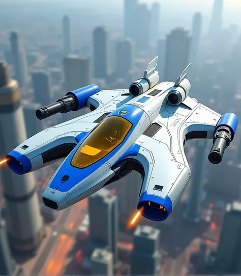 aircraft/ medium size/  Espacial Hi Tech / futurist/  Strong jets behind / yellow visor/  White color blue detail /  Laser cannons on the side wings/ Fly over the city / realistic/ 4K