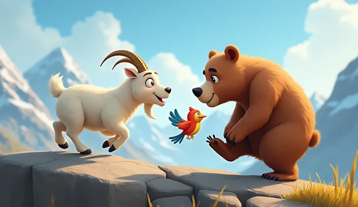 "A cheerful mountain goat hopping on a rock while a bear carefully places a paw forward, smiling. The bird flutters nearby, encouraging them, with a backdrop of distant peaks."