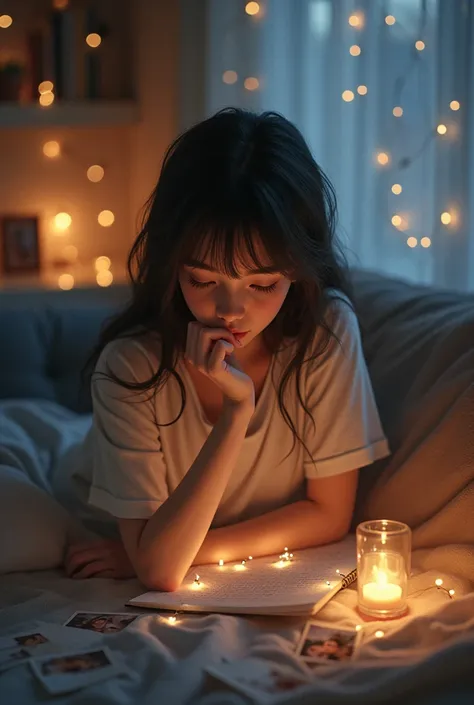 "Under the soft glow of fairy lights, a girl sits on the couch, surrounded by memories. Photos, letters, and small trinkets remind her of the love she once had. Her fingers trace the edges of a letter, but her heart aches as she whispers their name, wishin...