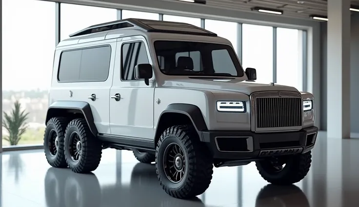 Camper Van is rolls Royce Shape high-resolution rendering of a futuristic (white )(2025 Rolls Royce Camper Van ) Motorhome in a pristine indoor showroom setting. The Camper Van boasts a rugged, off-road design with a six-wheel configuration, featuring larg...