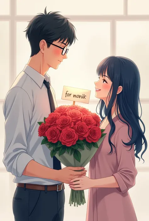 Anime drawing of adult man with short black hair, lens and tie and handing a happy bouquet of roses to an adult girl with long navy blue hair and with a sign that says "for Monik "