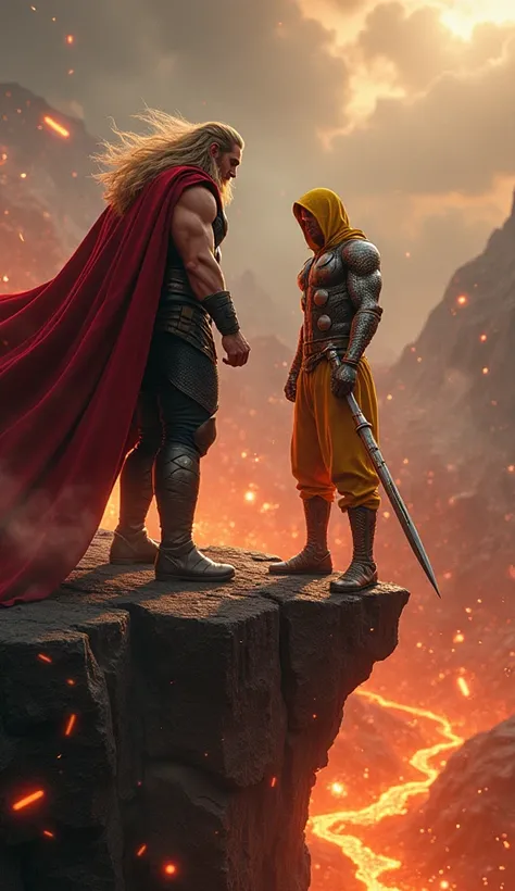 At the edge of a volcanic cliff, Thor stands with Mjolnir crackling with lightning, his muscular frame wrapped in Asgardian armor. His golden hair flows in the searing heat, and his red cape whips in the ash-laden wind. Scorpion faces him, his yellow ninja...