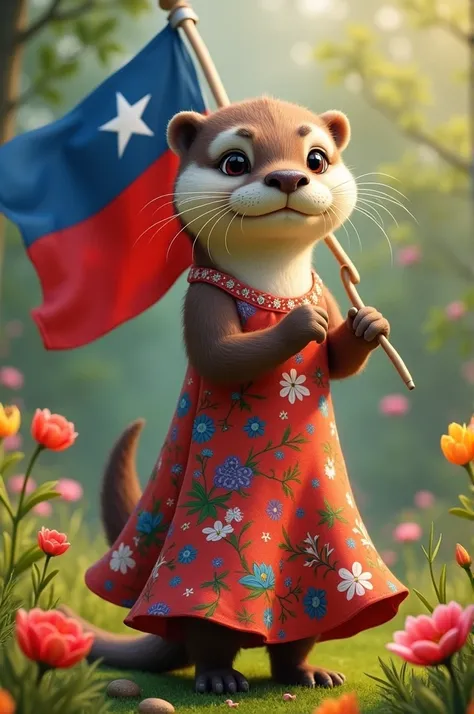 Otter dressed in typical Chilean costume ( long floral dress),  with Chilean flag in her hand and background of grass and flowers 