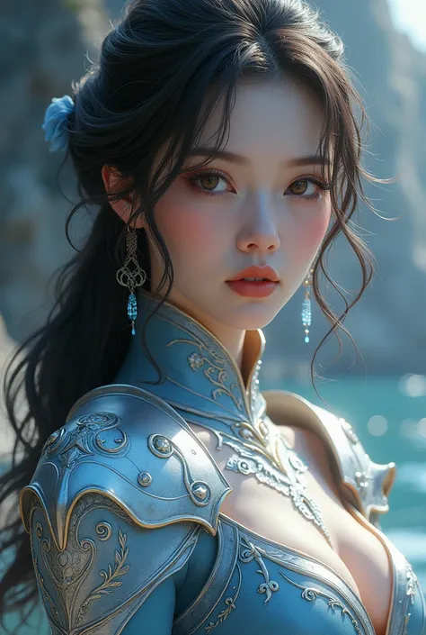 close-up of a woman in a silver and blue dress , chengwei pan on artstation , Ian J., detailed fantasy art ,  Stunning artistic depiction ,  fan art best artstation,  epic exquisite artistic image , Beautiful armor ,  extremely detailed artgerm ,  detailed...