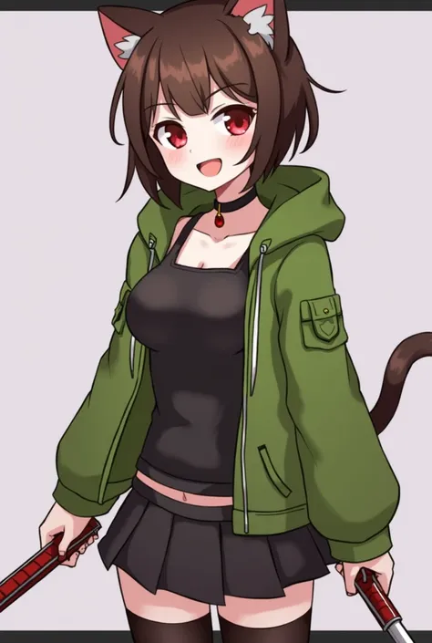 name she is Chara For undertale,1girl, solo, breasts, looking at viewer, smile, short hair, skirt, large breasts, brown hair, shirt, red eyes, thighhighs, navel, holding, 
cleavage, Green jacket, knife weapon,brown hair,pleated skirt, open clothes, midriff...