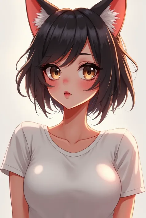   Cat anthropomorphism 、 pretty girl 、 short hair 、Cute ears、 large eyes 、 long eyelashes 、 large breasts 、detailed nose、 detailed mouth、glowing skin、in a white T-shirt、Glamorous body lines 