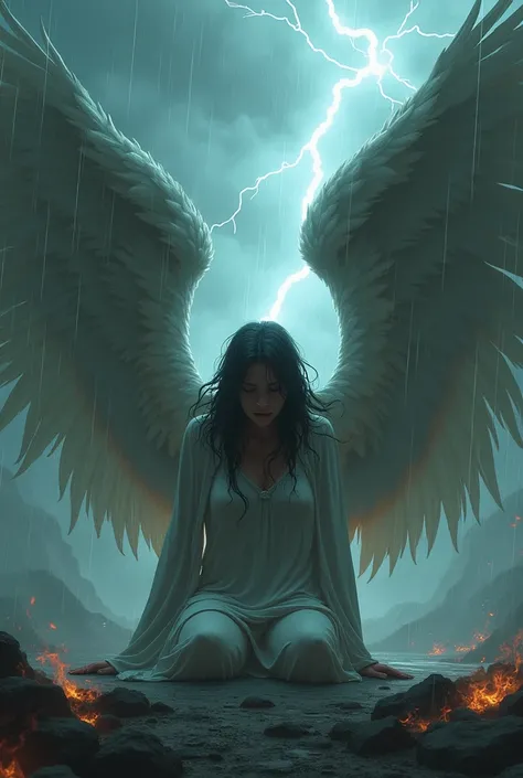  An angel with big wings,  cry sitting on the ground !  In the rain with lightning , Fire , des tourbillons et des vents puissants 