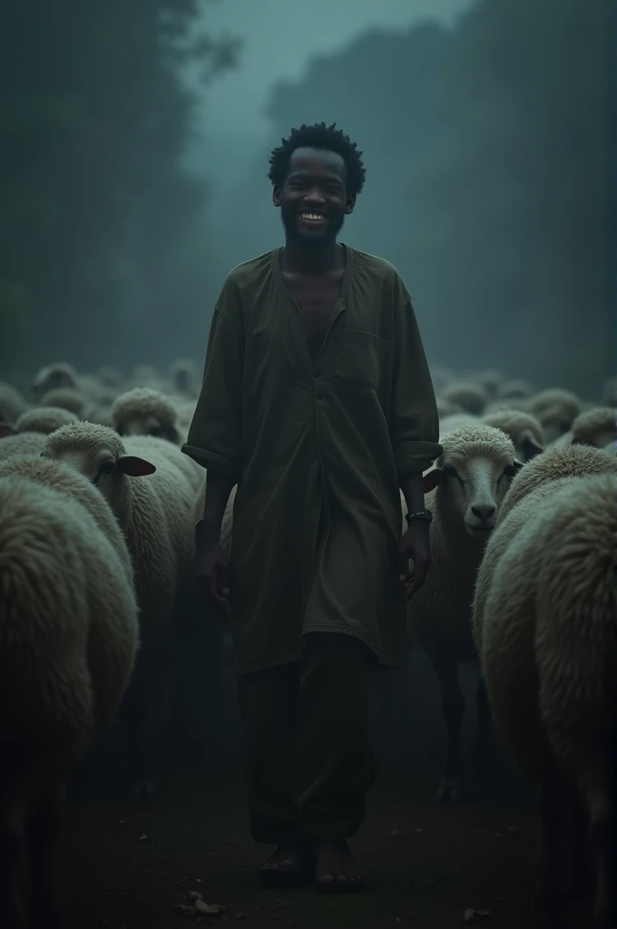 An Ethiopian little happy sheep keeper doing his work in dark