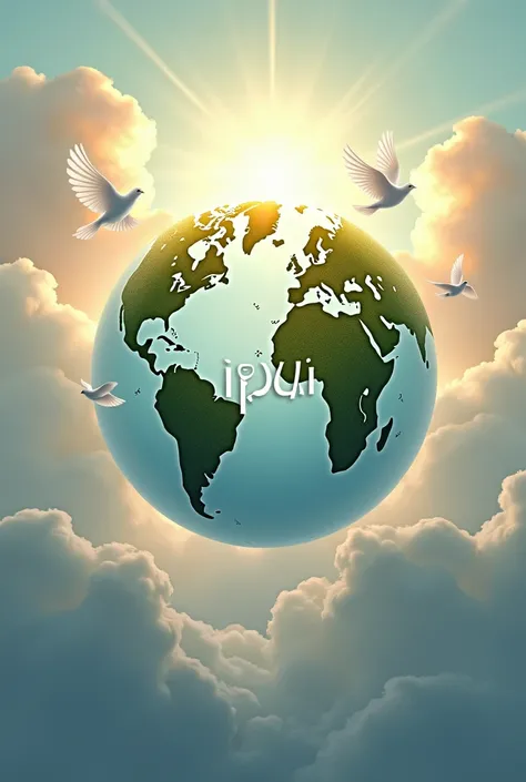  Round logo with the initials  " IPUU  " and below "Farms to the North "  in the center of a large globe,  with a heavenly background and white doves flying