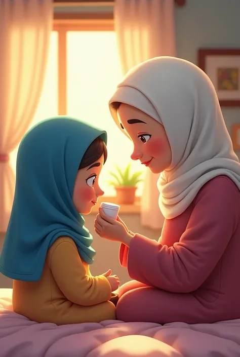 a old grandmother in hijab lotion her face a girl wear blue hijab backside view background  bedroom cartoon