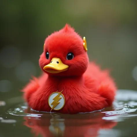 The real baby red duck with Flash costume in the pond 