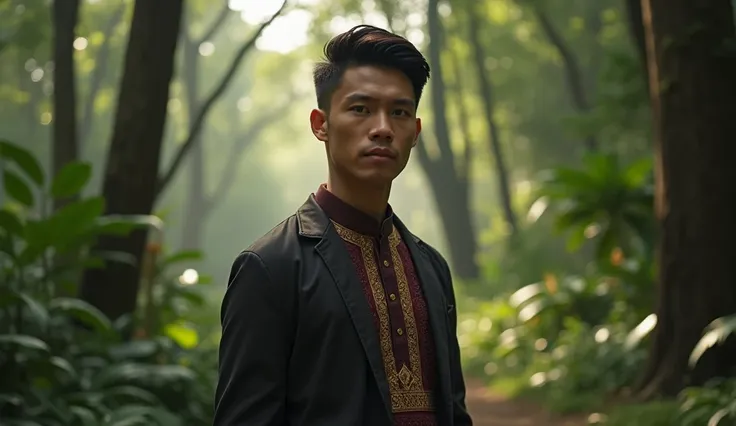 {
    "prompt": "A handsome 30-year-old Indonesian man, dressed in a modern, yet culturally inspired outfit, standing on a forest path surrounded by towering trees and lush greenery. His expression is serious, with a confident and focused look in his eyes,...