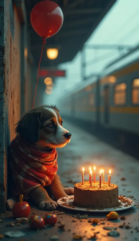 At a train station, a mutt puppy sits in the corner of the wall, huddled in his blanket from the cold, his eyes closed with a sad expression, his blanket is worn and dirty. In front of the puppy is a dirty birthday cake with 5 candles, five colored candles...