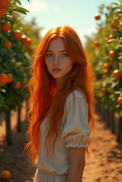 long red hair girl in orange farm