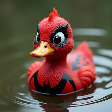 The real baby red duck with Venom costume in the pond 