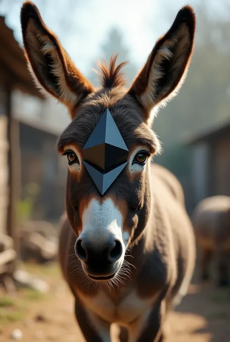 Donkey with horse blinkers in the shape of the ETH logo.