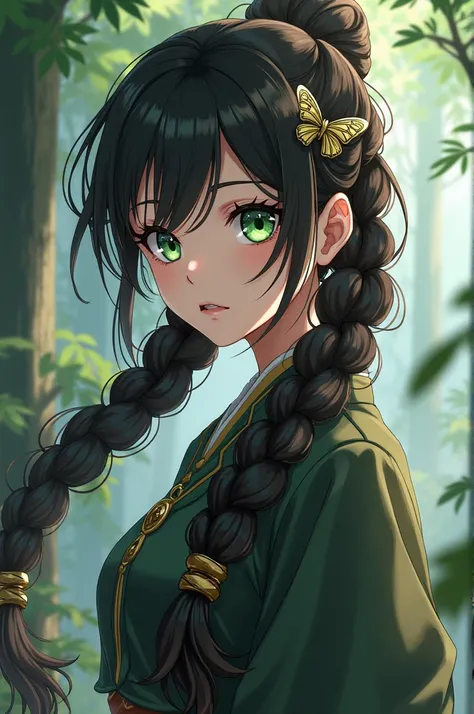  Create a Demon Slayer style image 
A girl with long hair tied up in a thick and long braid, the green eyes,  with a butterfly clasp on the braid , with the uniform of the butterfly estate  