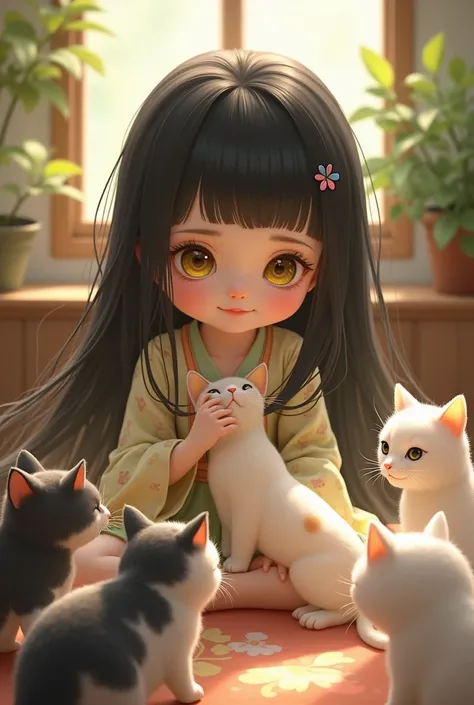 A cute and adorable girl with yellow eyes and long black hair, and white skin with a face like a Japanese girl who is playing with many cats.