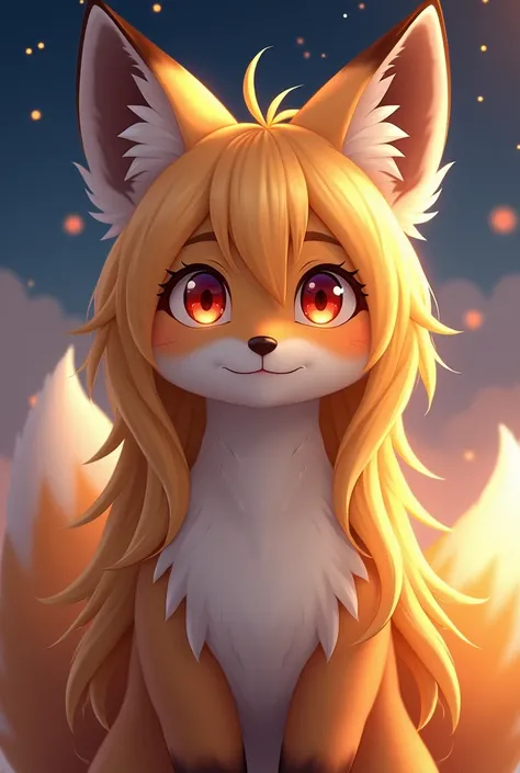 Fox girl, furry, furry, golden fur, golden face fur, golden yellow long hair, eyes with light, red eyes, super cute face, brown elements on fur, miko, beautiful lights and shadows, ambient light, super fine fur, volumetric light, night, clouds and stars in...