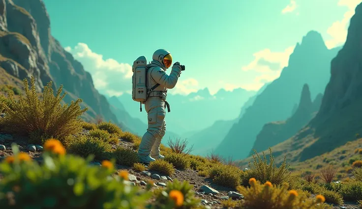 Astronaut on a green planet with a camera - High quality image16:9 - 3840 x 2160 pixels