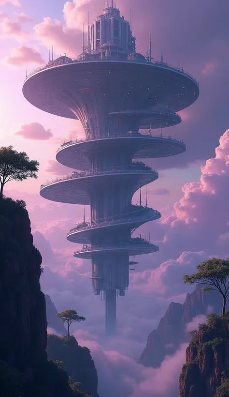 Design a massive, spiraling space station orbiting a planet with floating trees. The stations architecture incorporates organic, tree-like structures, glowing with alien bioluminescence. The trees have no roots, defying gravity, and the space station harne...