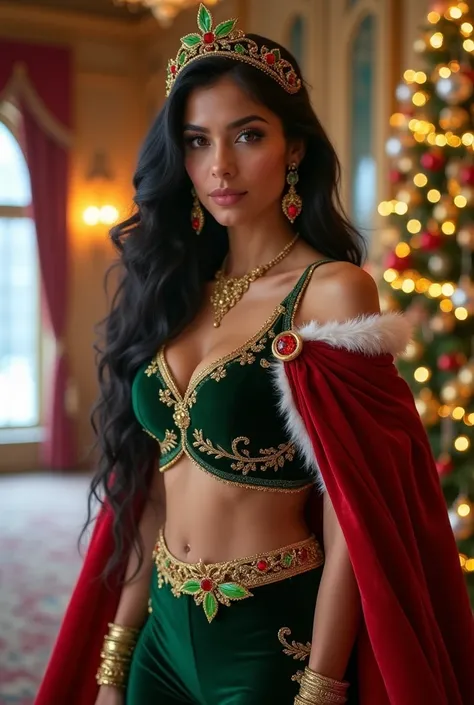 A stunning woman inspired by Princess Jasmine from Arabian Nights, with long, flowing black hair and large, expressive almond-shaped eyes, dressed in an elegant Christmas-themed outfit. Her ensemble is a glamorous two-piece set: a rich, emerald green velve...