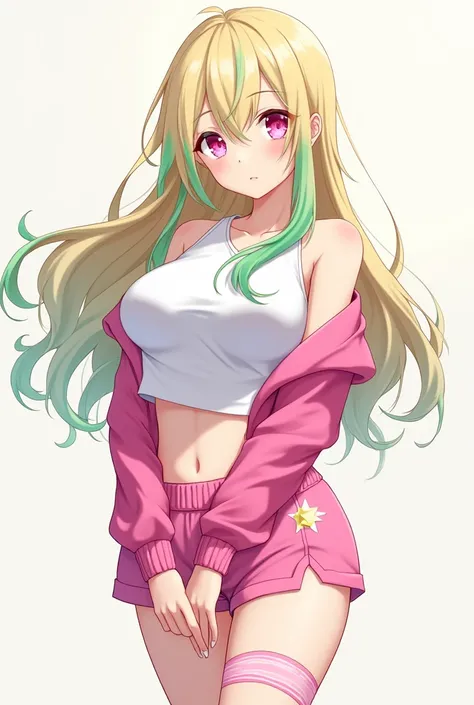 Profile picture of a girl with long blond hair with green wigs,with crystal pink eyes , wearing a white blouse with pink sleeves and pink shorts , with half stripes on one leg and on the other leg printed with stars in 3D anime