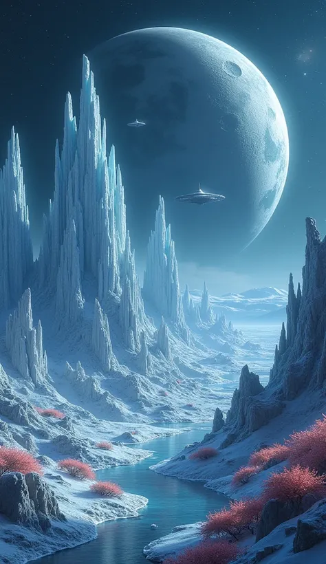 Imagine an alien city built on a moon with endless ice fields. The architecture features crystalline structures resembling giant icebergs, reflecting the pale light of distant stars. Gigantic spacecrafts hover above, seamlessly blending with the frozen lan...