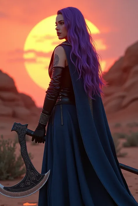 Valor Violet and purple long irokez hair beautiful Muscular gothic Post-apo woman  in denim cape with sign "SIN" on her blkack spiky leather with the whitch wearing weavery Blue wicked Denim long skirt holding in hand ornamental Shiny, ornamental scythe wi...