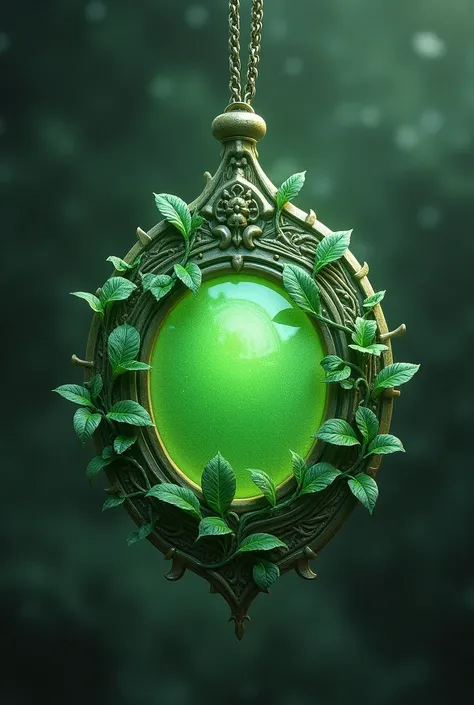 green medal shaped amulet with animated plant design