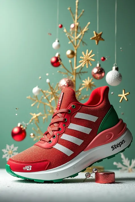 Running shoe , with red base , green and white,  decorated with Christmas ornaments like lots of colorful balls ,  glowing stars and snowflakes printed on the sneaker,  with white sole with STEPN written in black .